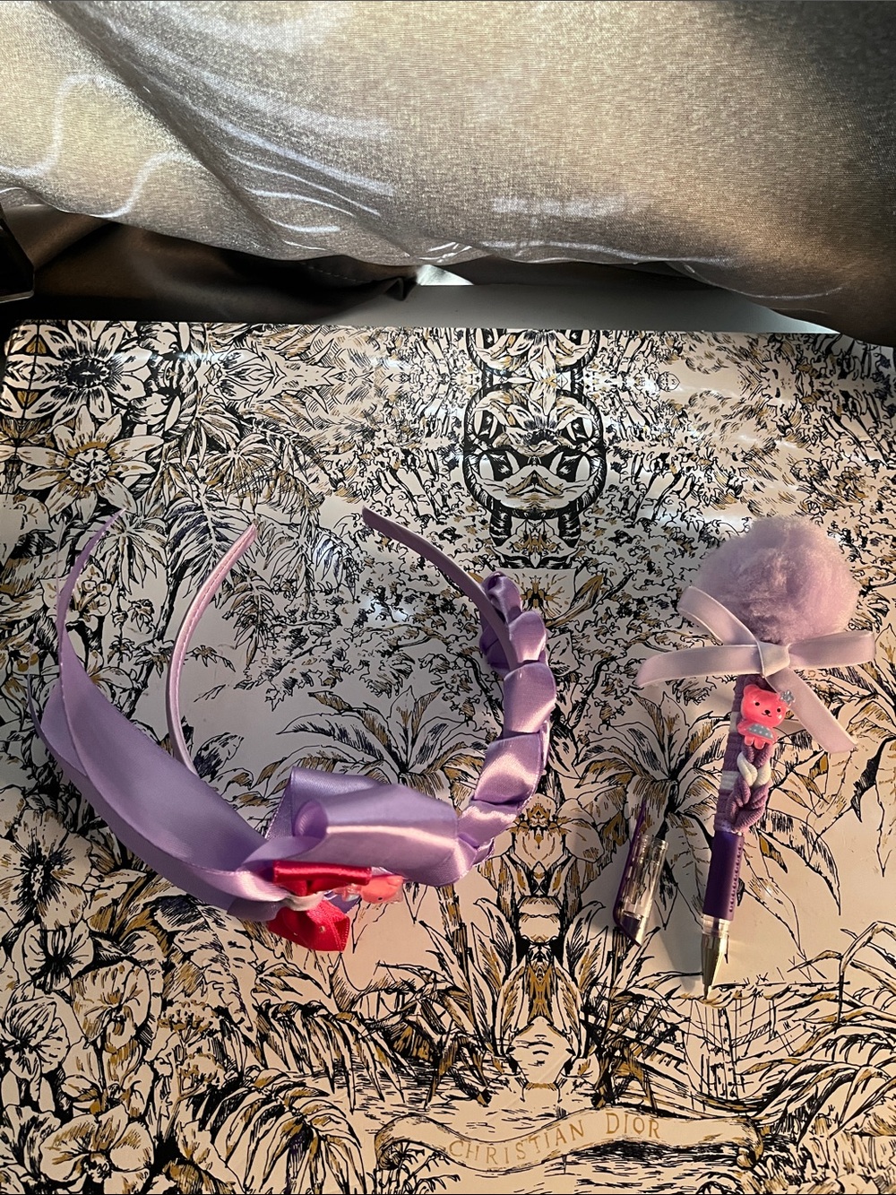 Handmade Lavender Satin Braided Headband with Pink Bow Pom Pom pen - Picture 2 of 2